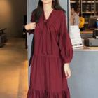 Plain Lace-up V-neck Ruffled-trim Long-sleeve Dress