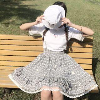 Elbow-sleeve T-shirt / Plaid A-line Overall Dress