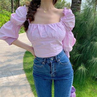 Puff-sleeve Frill Trim Crop Top Purple - One Size