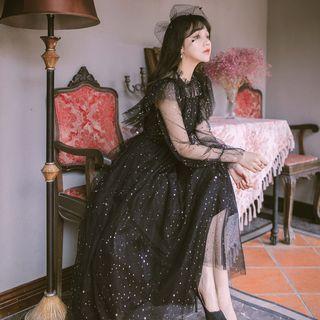 Long-sleeve Patterned Mesh A-line Midi Dress