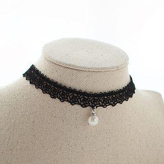 Faux Pearl Pendant Lace Choker White - One Size