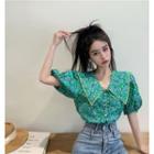 Puff-sleeve Collared Floral Print Blouse Floral - Green - One Size