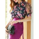 Tie-neck Organza-sleeve Floral Blouse
