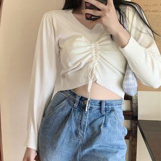 Long-sleeve V-neck Plain Drawstring Knit Top