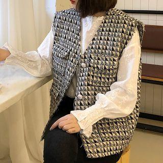 Lace Trim Long-sleeve Blouse / Button-up Patterned Tweed Vest