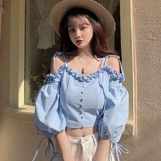 Puff-sleeve Off-shoulder Frill Trim Cropped Top