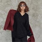 V-neck Glitter Rib-knit Sweater Black - One Size