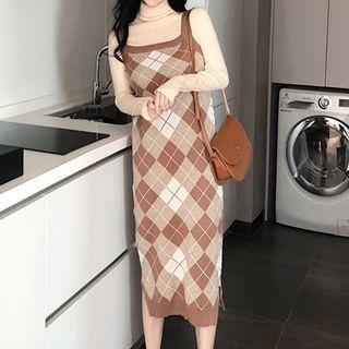 Turtleneck Knit Top / Sleeveless Argyle Midi Knit Dress