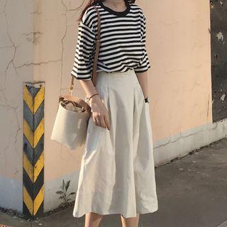 Striped Elbow-sleeve T-shirt + Wide Leg Cropped Pants