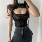 Cut-out Cap-sleeve Cropped Lace Top