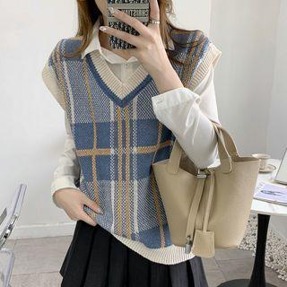 V-neck Plaid Loose Fit Vest