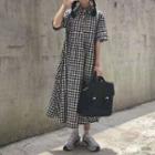 Elbow-sleeve Plaid Midi Dress Black - One Size