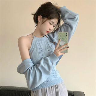 Set: Long-sleeve Knit Cropped Cardigan + Halter Cable-knit Top