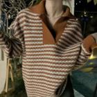 Striped Collared Sweater Coffee & Off-white - One Size