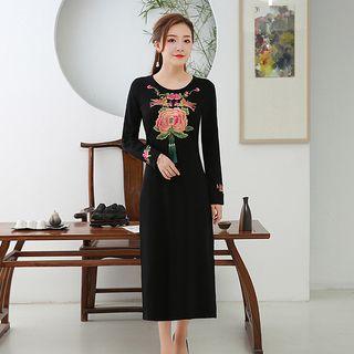 Embroidered Long-sleeve Midi Sheath Dress