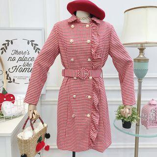 Double-breasted Ruffled-trim Houndstooth Dress With Belt