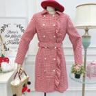 Double-breasted Ruffled-trim Houndstooth Dress With Belt