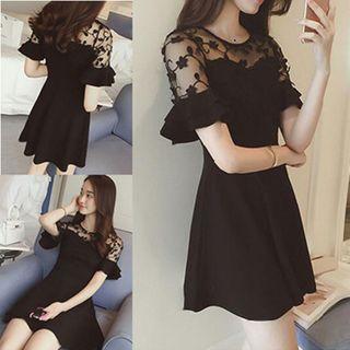 Short-sleeve Mesh Yoke A-line Dress