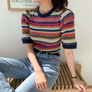 Puff-shoulder Stripe Knit Top Purple - One Size