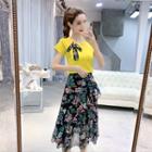 Set: Short-sleeve T-shirt + Flower Print A-line Chiffon Skirt