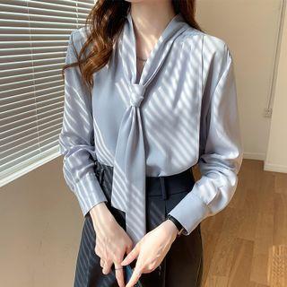 Long-sleeve Plain Lace-up Chiffon Blouse