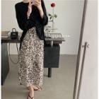 Long-sleeve Plain T-shirt / Leopard Print Midi A-line Skirt