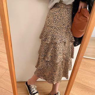 Leopard Print Layered Maxi A-line Skirt