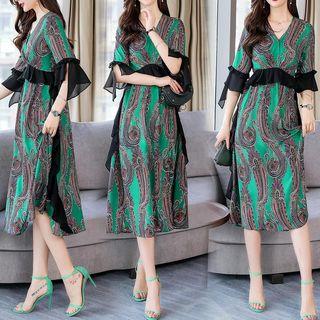 Printed Ruffle Trim Elbow-sleeve Midi A-line Dress