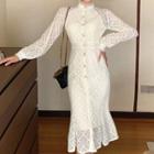 Long-sleeve Lace Ruffle Hem Midi Sheath Dress