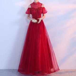 Short-sleeve Lace Trim Evening Gown