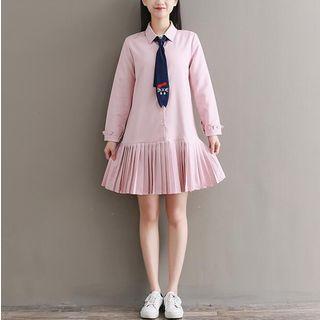 Embroidered Necktie Long-sleeve A-line Shirt Dress