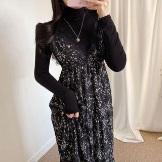 Long-sleeve Top / Spaghetti Strap Floral Midi A-line Dress