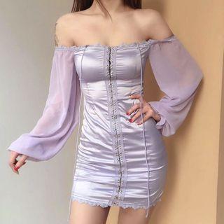 Puff Sleeve Off Shoulder Lace Panel Mini Dress