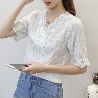 Short-sleeve V-neck Lace Trim Top