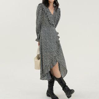Long-sleeve Floral Print Slit Midi A-line Dress Black - One Size