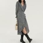 Long-sleeve Floral Print Slit Midi A-line Dress Black - One Size