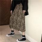 Printed Midi A-line Skirt Snake Pattern - Khaki - One Size
