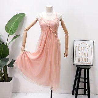 Ruched Sleeveless Mesh Dress Pink - One Size