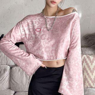 Long-sleeve Leopard Print Detachable Chain Cropped T-shirt