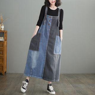 Two-tone Denim Midi A-line Overall Dress