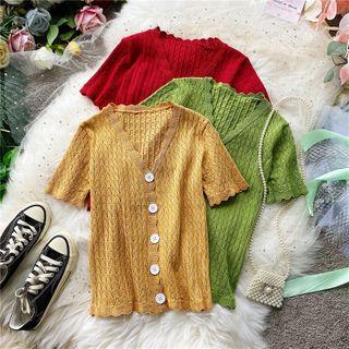 Scallop-hem Short-sleeve Knit Cardigan