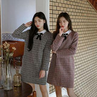 Contrast-collar Tweed Shift Dress