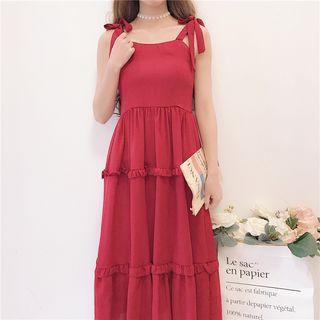 Sleeveless Ribbon Frill Trim A-line Midi Dress Wine Red - One Size