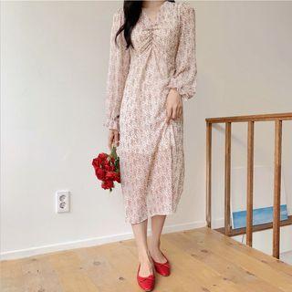 Ruched V-neck Long-sleeve Chiffon A-line Midi Dress