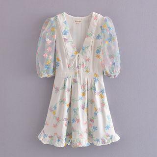 Balloon-sleeve Floral Embroidered Mini A-line Dress