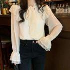 Bow Accent Lace Trim Long-sleeve Top White - One Size