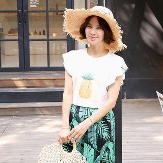 Ruffle-sleeve Pineapple Print Top