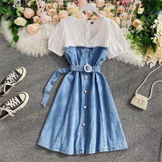 V-neck Crochet Panel Denim Dress