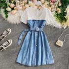V-neck Crochet Panel Denim Dress