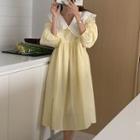 Puff-sleeve Ruffle Collar A-line Dress Yellow - One Size